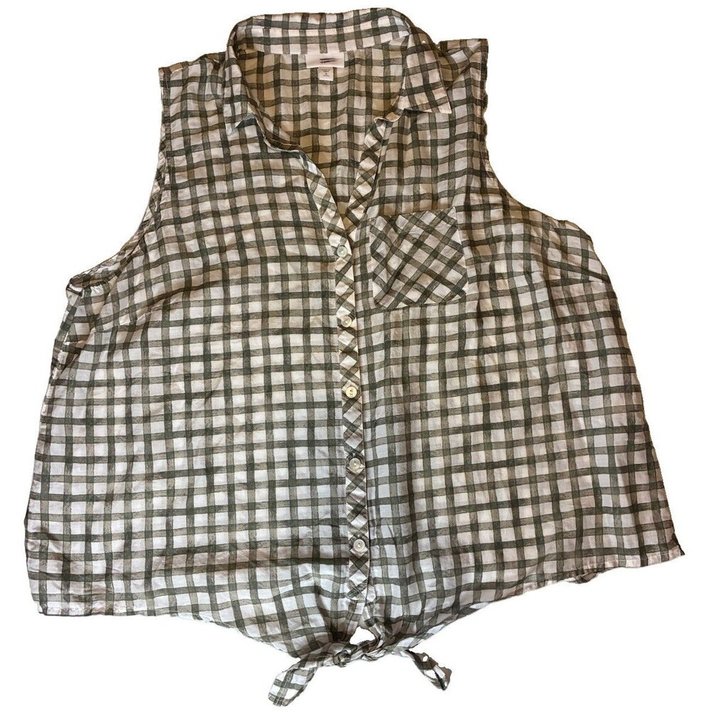 J. Jill top W Sz xl blouse Petite plaid Green White Sleeveless crop silk cotton